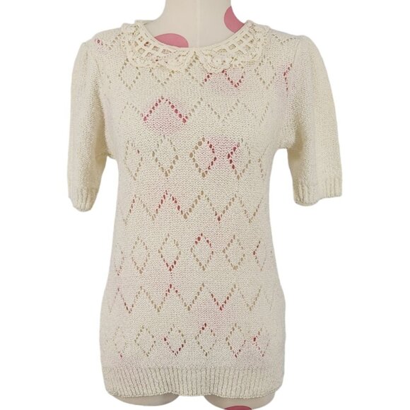Vintage Women's Herald House Sweater w/Lace Crochet Collar S/M Made in USA Cream - Picture 1 of 8